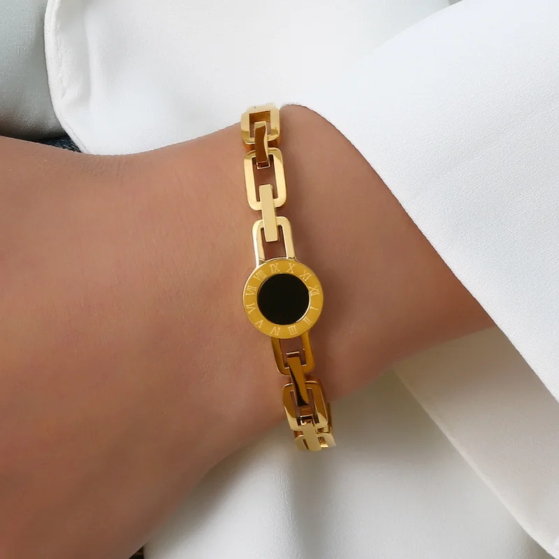 Fashion Roman Numeral Titanium Steel Hollow Bracelet with Enamel Zircon Plating 18K Gold Waterproof Versatile Jewelry for Women
