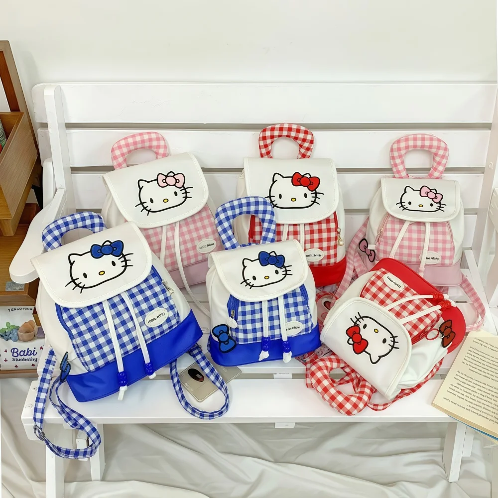 

Красный клетчатый рюкзак Hello Kitty Kawaii, сумка для книг с героями мультфильмов для девочек-подростков, молодежный легкий водостойкий маленький школьный рюкзак для пригородных поездок