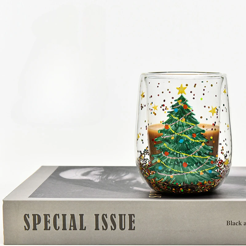 Christmas Tree Cups Heat Resistant Double Layer Flowing Sequins Christmas Cup Household Handwork Cartoon Christmas Trees Tumbler