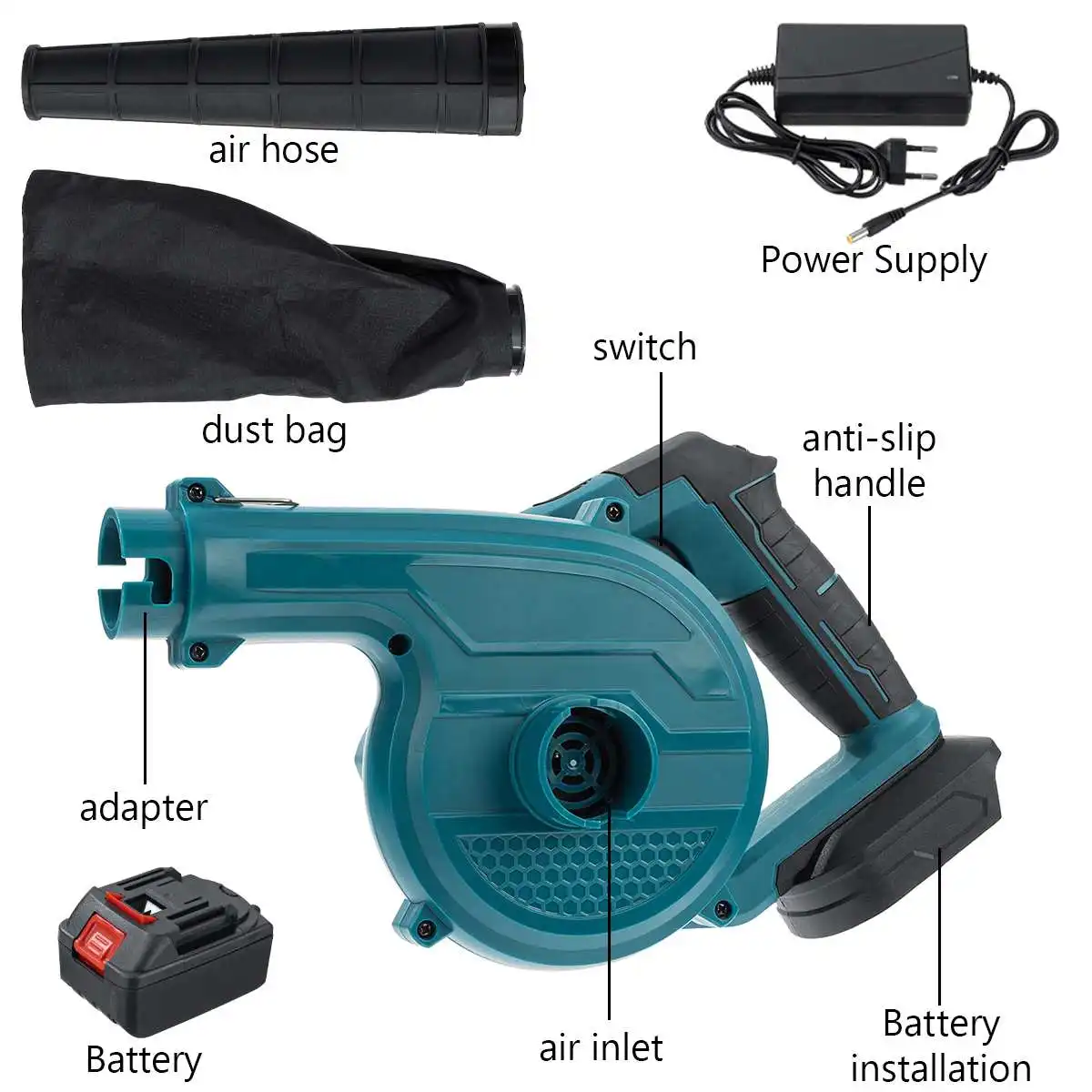 2200W 2 IN 1 Blower Udara Listrik Dapat Dilipat Alat Daya Kolektor Debu Komputer Daun Genggam Tanpa Kabel untuk Baterai Makita 18V