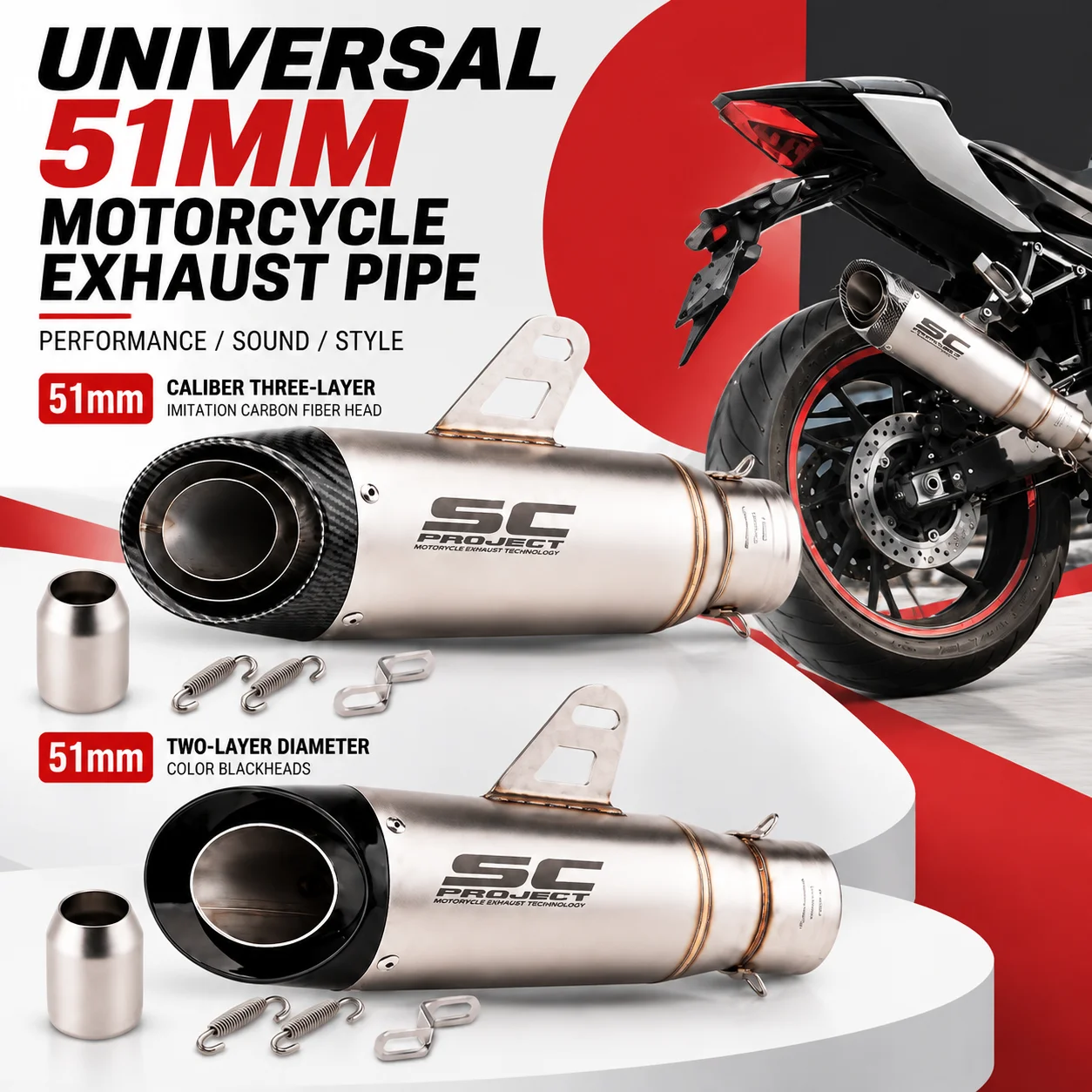 Image of Universelles 51-mm-Auspuffrohr für Motorräder, modifiziertes Auspuffsystem, mit Schalldämpfer (DB-Killer), passend für Ninja Z250, Z300, Z400, MT07, MT09, YZF R25, R3, R6.