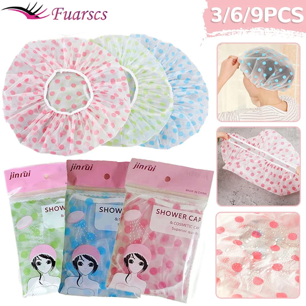 

3/6/9PCS Bashroom Shower Cap Waterproof Thicken Elastic Bathing Cap Band Fashion Wave Point Bath Hat Women Hair Salon Supplies