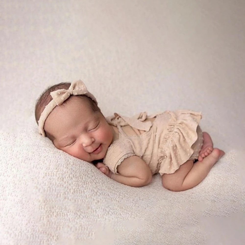 Newborn Photography Props Baby Girl Ruffle Open Back Romper Bow Headband Infant Photo Shoot Outfit Newborn Photo Prop