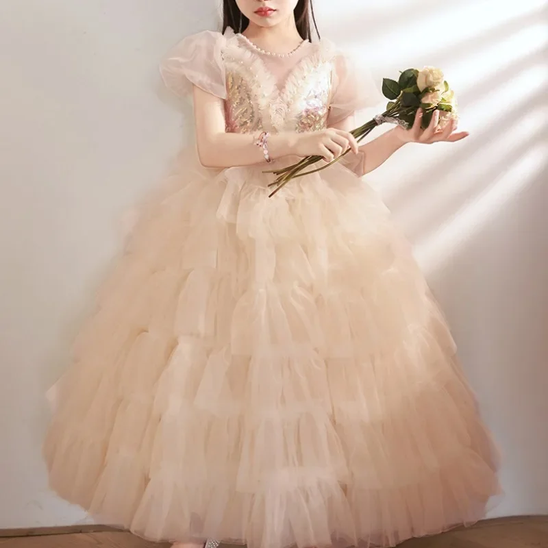 Vestido de fiesta de cumpleaños de manga abullonada con lentejuelas de temperamento, cuello redondo, malla escalonada, Vestidos de princesa, Vestidos de flores para niñas