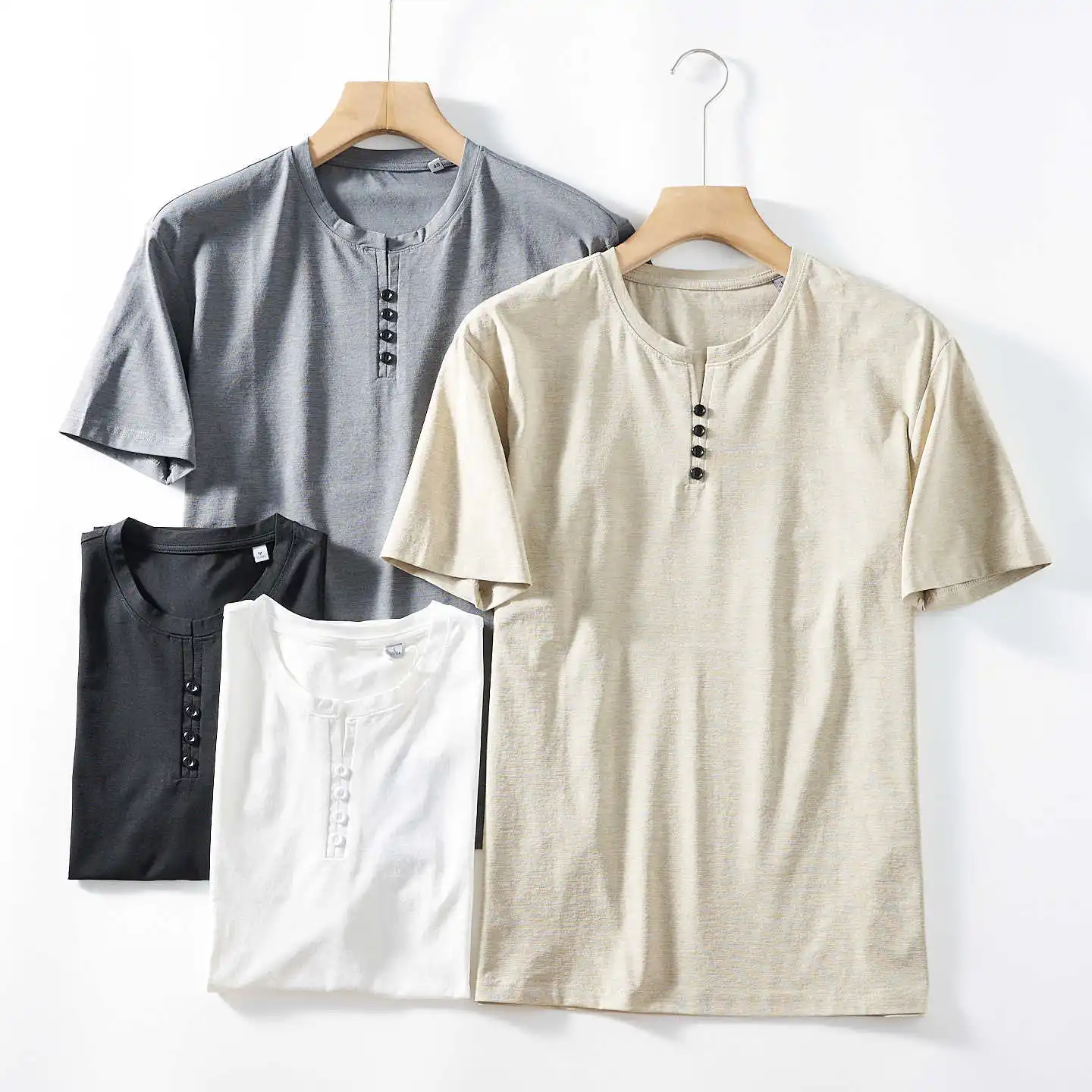 

Summer New American Retro Solid Color Short-sleeved Henry Collar Breathable Quick-drying T-shirt Men's Fashion Casual Sport Tops
