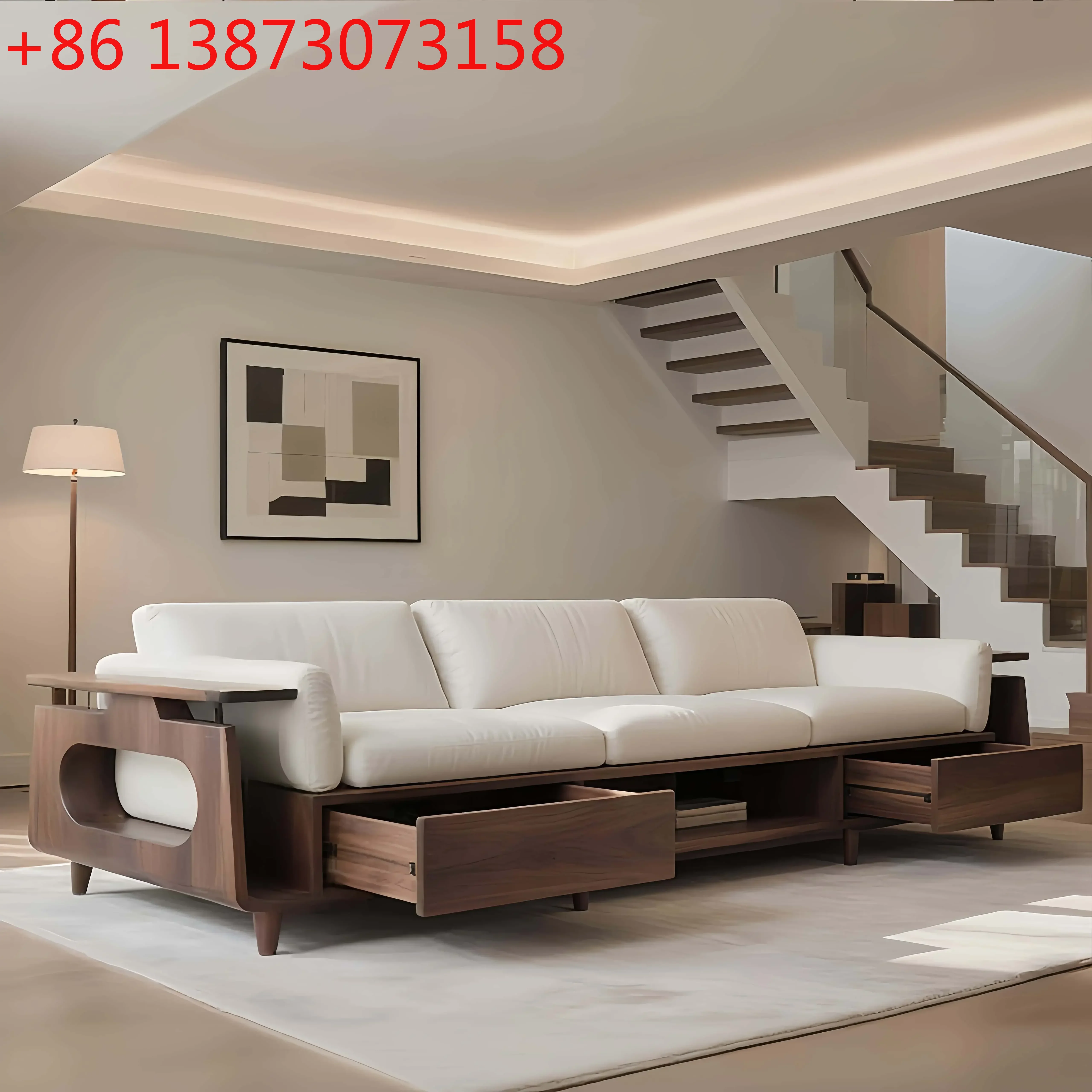 YNew Chinese simple high-end solid wood sofa straight row fabric drawer storage fashion furniture