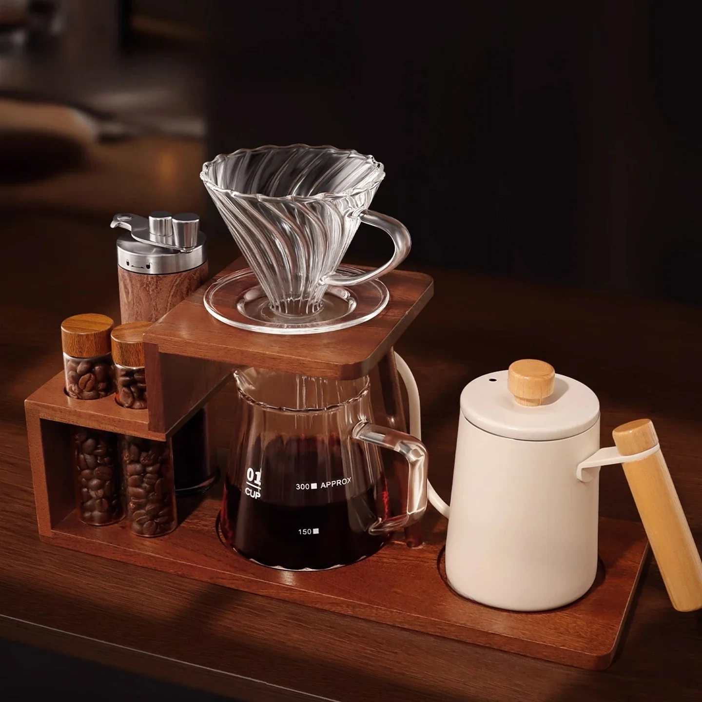 Hand brewed coffee set Sharing pot Coffee utensils Wooden frame Storage