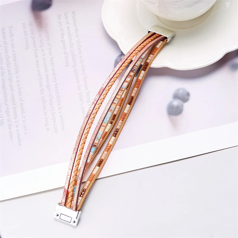 Böhmische Vintage mehr schicht ige Leder armbänder für Frauen hand gefertigte gewebte Leder breite Magnet verschluss Herren Armreif Modeschmuck – Detail 19