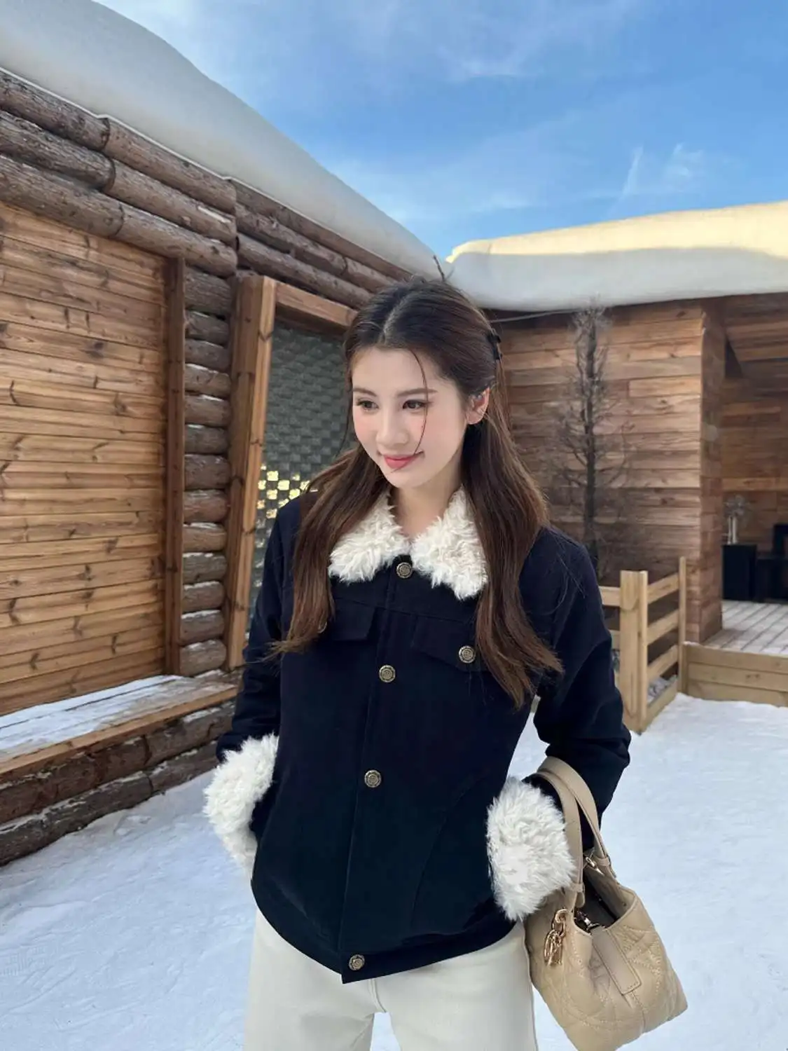 Faux Lambswool Patchwork Short Quilted Cotton Jacket Coat Women Retro Slim Navy Blue Padded Coat Female Workwear Style Outerwear