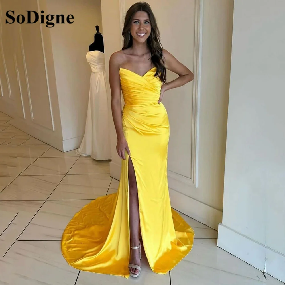 

SoDigne Yellow Satin Prom Dresses Elegant Pleats Wedding Party Gown Sleeveless Side Split Formal Evening Dress 2024