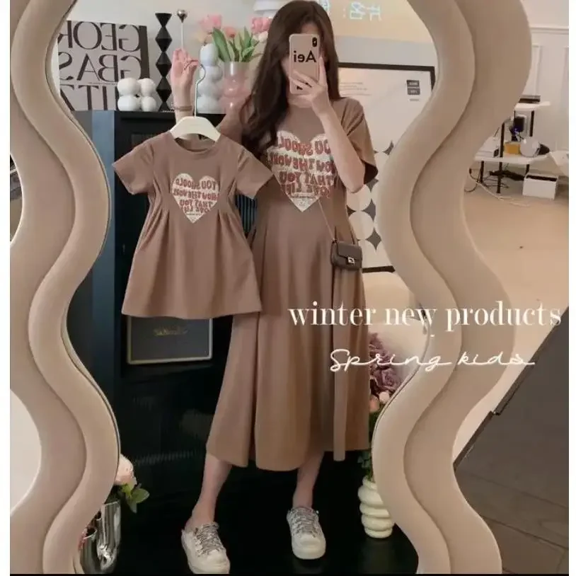 2026 Korean style parent-child clothing summer fashion solid color printed mother daughter short sleeved round neck casual dress - view 4