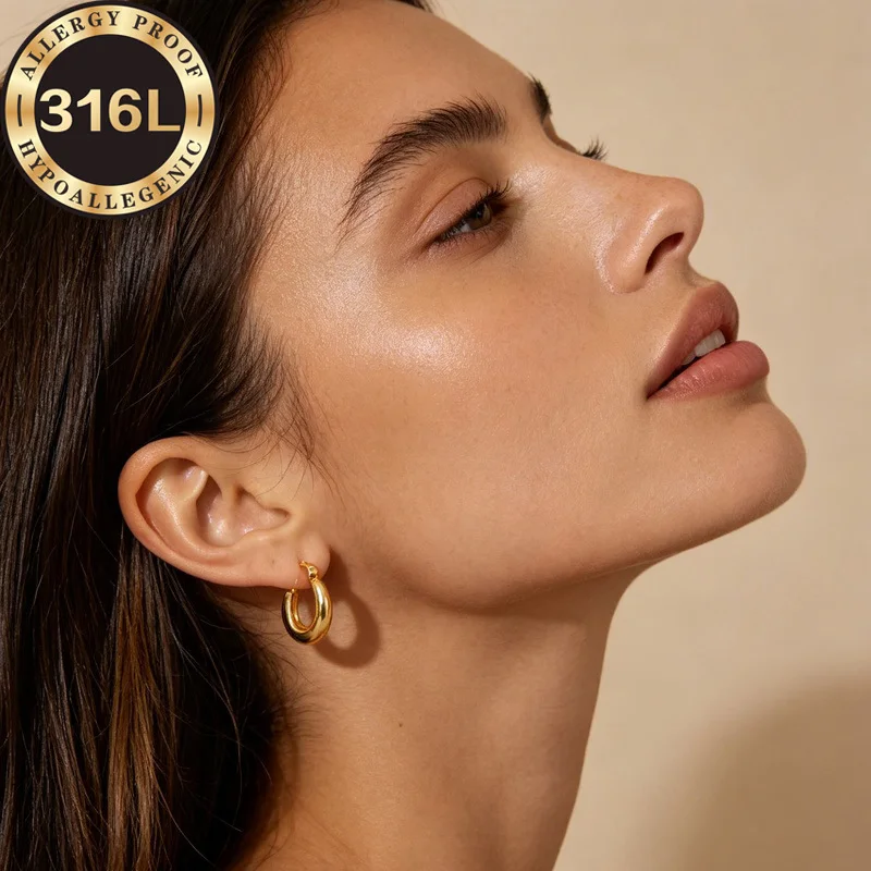 Premium Stainless Steel Hypoallergenic Golden Hemisphere Line Oval Earrings, Anti-Fade