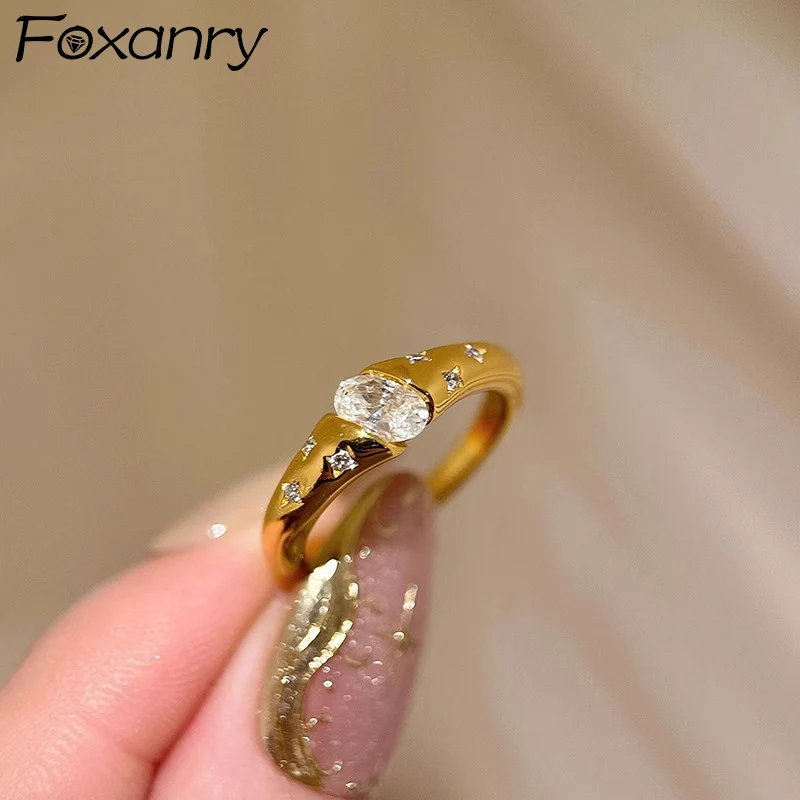 Foxanry-Anillo de circón elipse brillante para mujer y parejas, moda Vintage, temperamento exquisito, elegante regalo de joyería para novia y boda