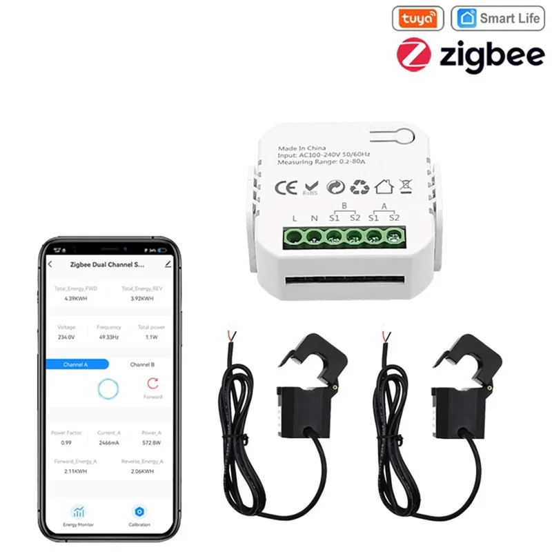 

Tuya Smart Zigbee счетчик энергии 2-сторонний двунаправленный с датчиком тока зажим приложение монитор мощность 100-240 В переменного тока, 2 канала 2CT прочный