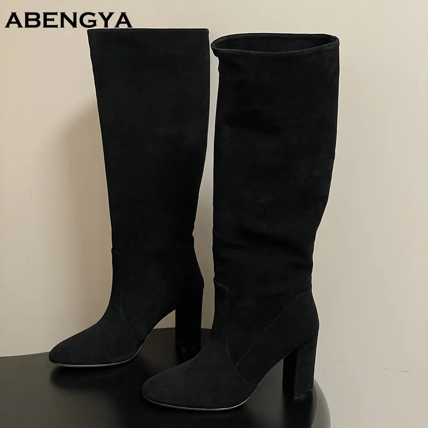 Hot Sale Winter Black Suede Knee High Boots For Women Designer Chunky Middle Heel Long Boots Party Chelsea Boots For Women