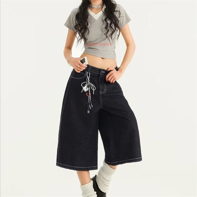 Summer Women's Solid Color Straight Denim Shorts Young Girl Knee Length Trousers High Waist Pants Female Minimalist Streetwear