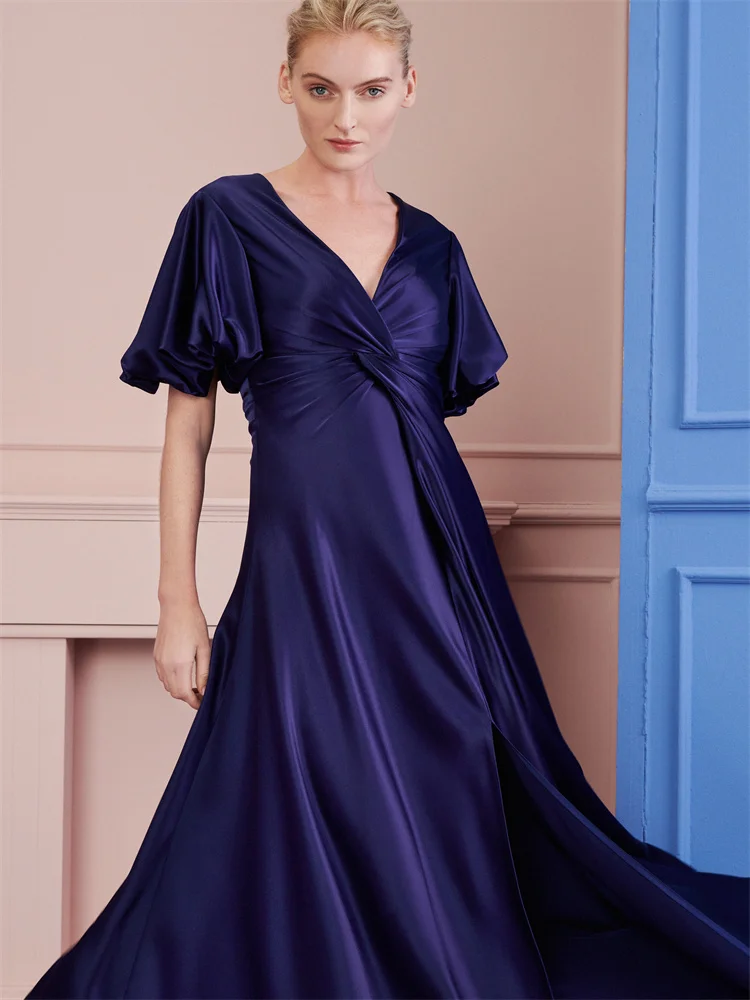 Hot Selling V Neckline Short Sleeves Satin A-Line Evening Dress Back Zipper Floor Length Side Slit Sweep Train Gown For Women