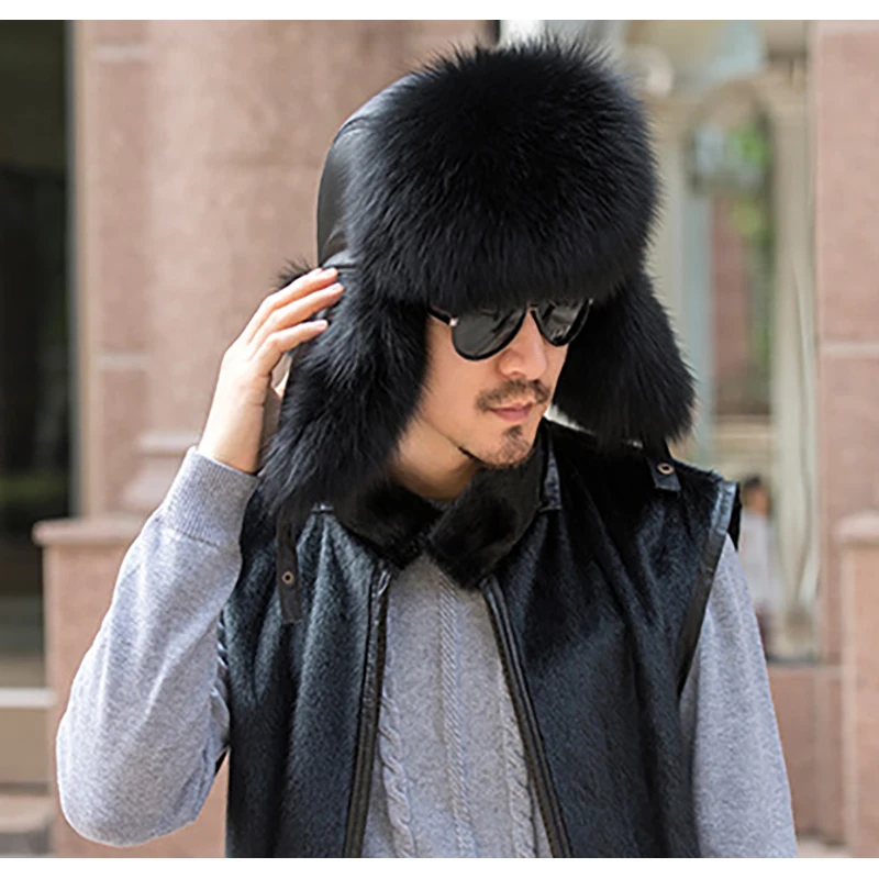 Winter Men\'s 100% Real Silver Fox Fur Bomber Hat Raccoon Fur Ushanka Cap Trapper Russian Man Ski Hats Caps Real Leather