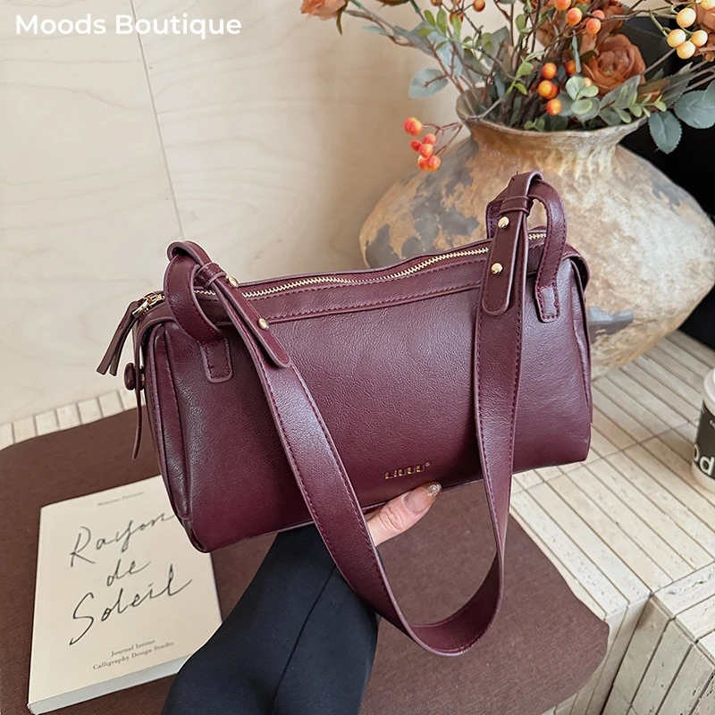 

MOODS Branded Burgundy Color Boston Pillow Shoulder Cross Body Bags For Women 2026 New Year Luxury Designer Purses And Handbags