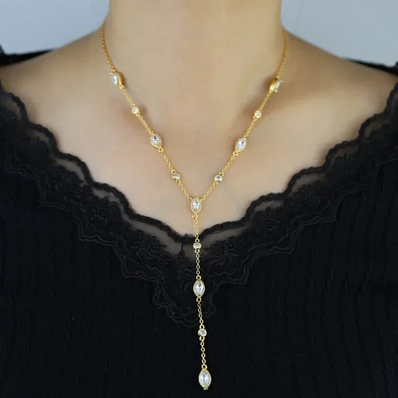 New Sexy Round Oval Charm Long Y Lariat Necklace Micro Pave Clear CZ Link Chain Delicate Necklace Women Lover Gift Jewelry