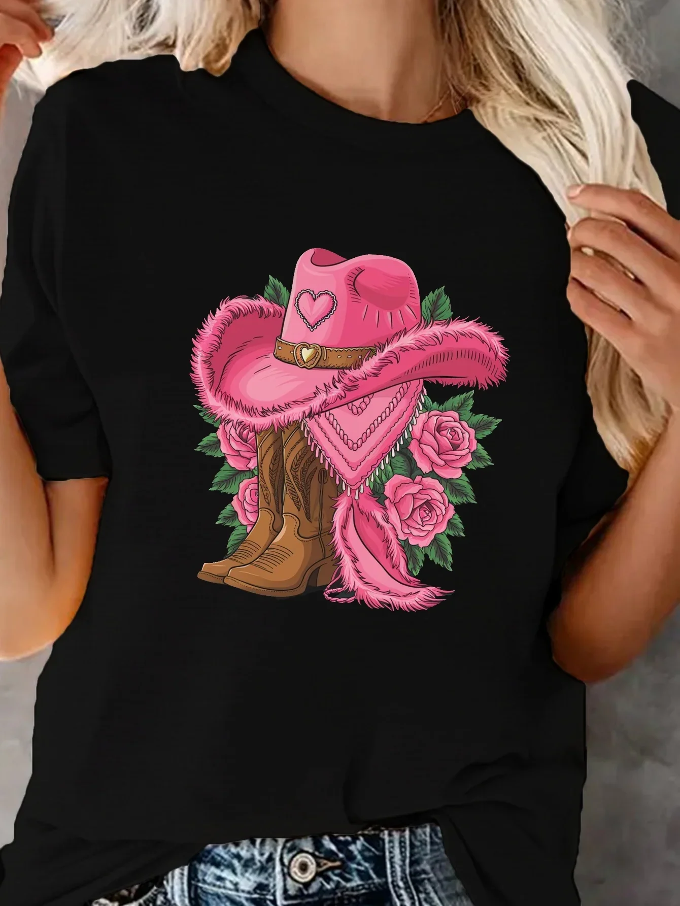 Con sombrero de vaquero y apliques de rosas, camiseta de estilo deportivo para mujer, manga con cuello redondo, camisetas de manga corta de tela ligera elástica