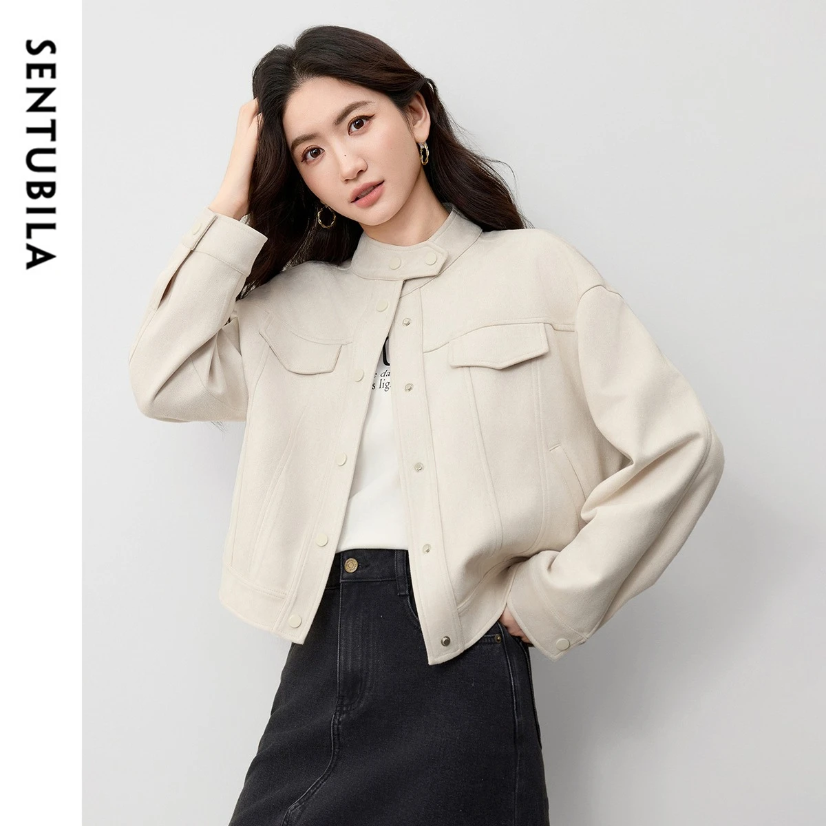 SENTUBILA 여성용 스웨이드 가죽 자켓 2026 봄 스탠드 칼라 드롭 숄더 봄버 자켓 코트 여성용 아우터 153WB2263