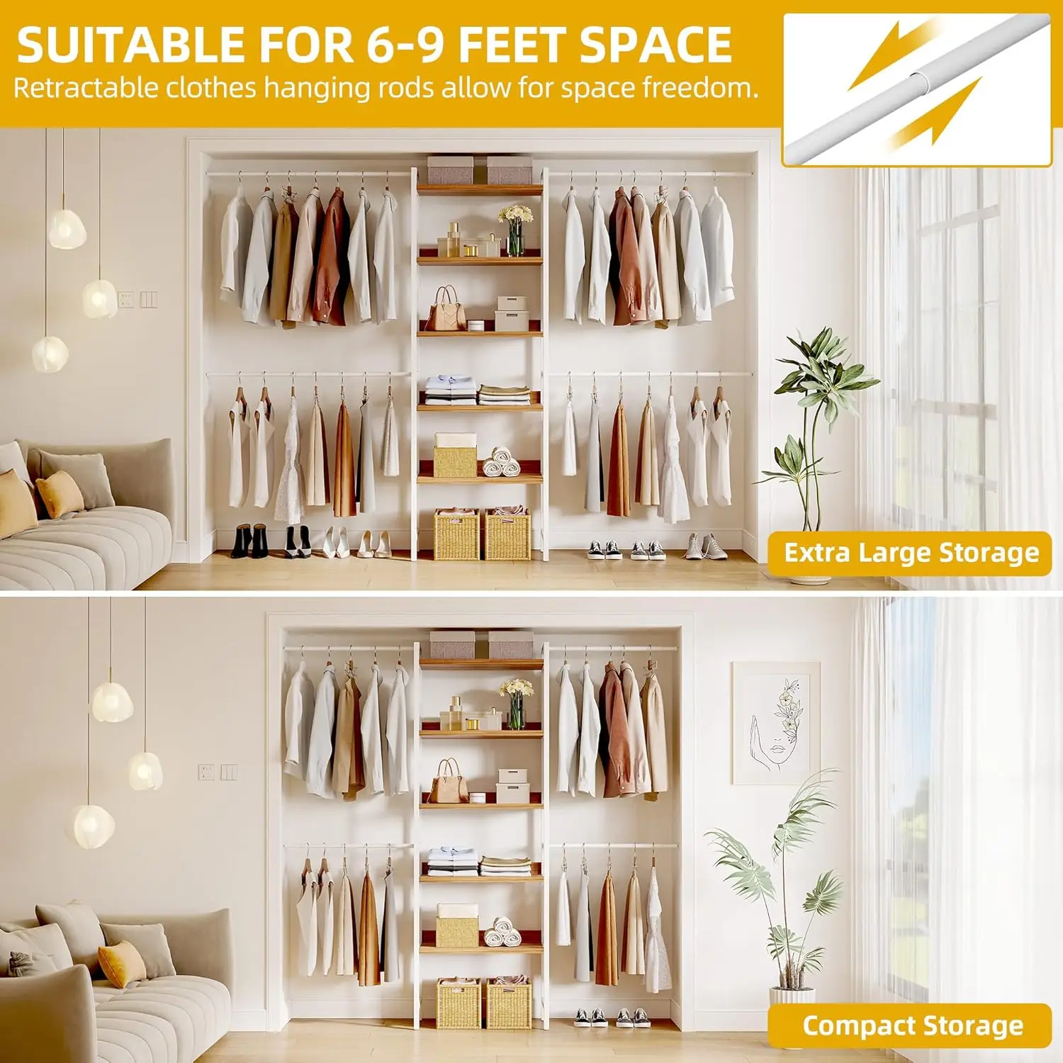 Dwvo Closet Organizer System For Bedroom, Adjustable Heavy Duty Garment Rack Walk In Closet System, 4 Expandable Hanger Rods