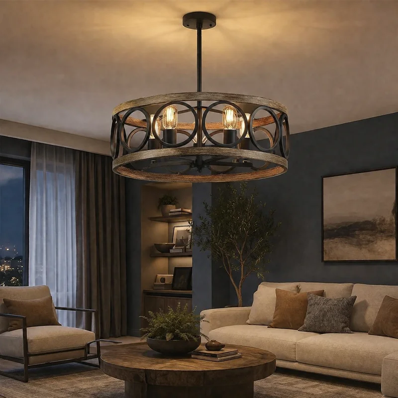 Retro Industrial Farmhouse Iron Round Drum Ring Fixture For Dining Room Living Room Bedroom Restaurant Vintage Home Chandelier
