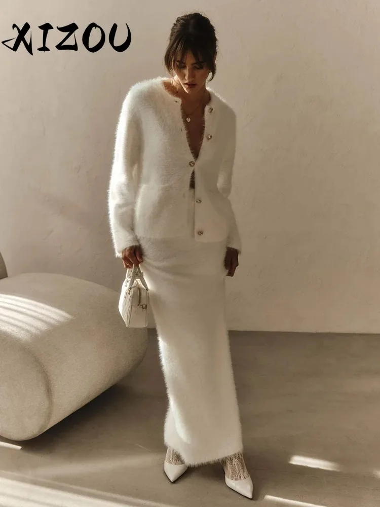 

XIZOU осень-зима флисовый вязаный однобортный кардиган с длинными рукавами и юбкой комплект из 2 предметов женский плюшевый трикотаж модная одежда