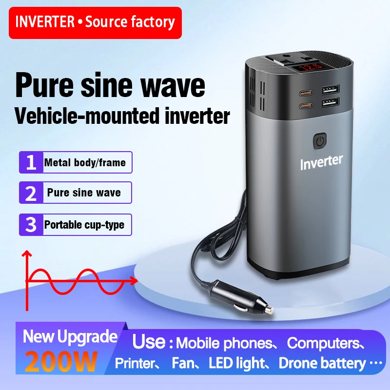 200W Pure Sine Wave Car Inverter 12V to 110V 220V Converter with Type-C PD30W Fast Charge Car Lighter Port Adapter Metal