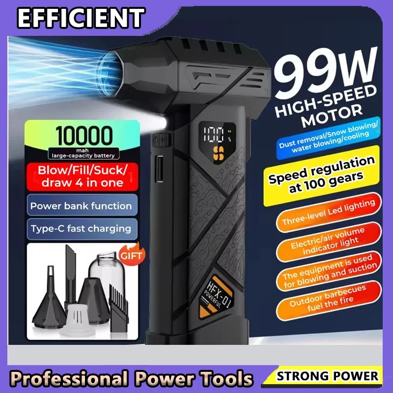 Powerful Violent Fan 99WRPM Turbo Air Blower High Speed Brushless 100-gear Speed Regulation Jet Blower LED Lighting