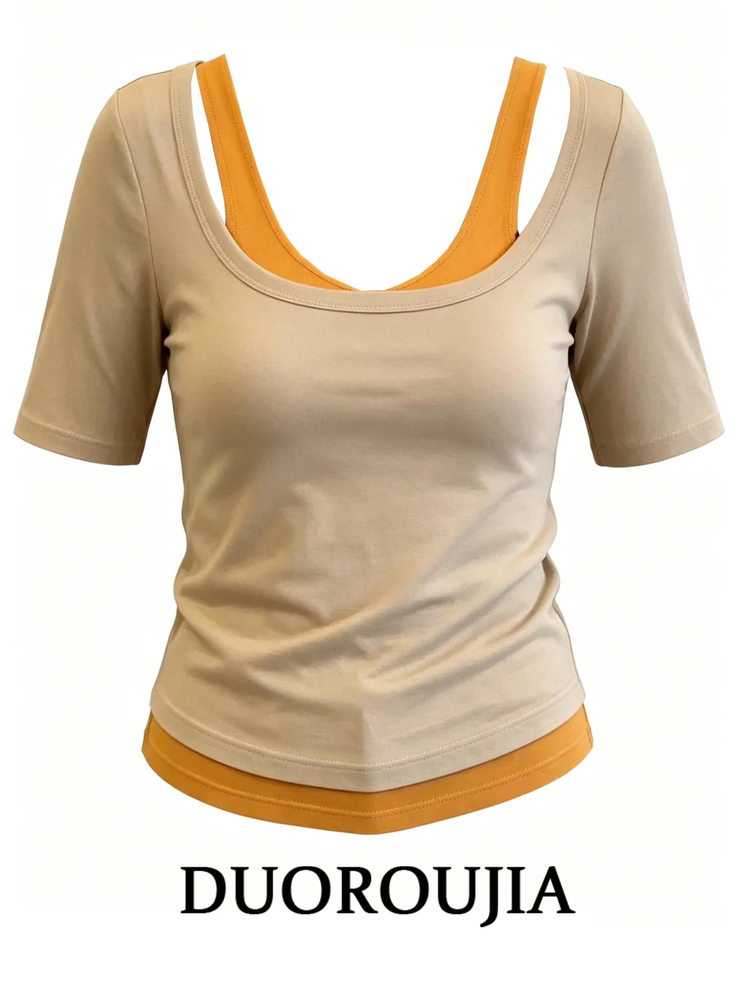 

DUOR plus Size Short Sleeve U-Neck T-Shirt Women's Summer Slimming Belly Covering Color Block Top Korean Style Printed High W...