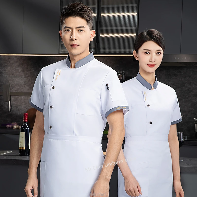 Sommer Kochjacke schwarze Uniform Herren Kurzarm Kochmantel Schürze Arbeitskleidung Logo Kochshorts Atmungsaktiv Restaurant Küche