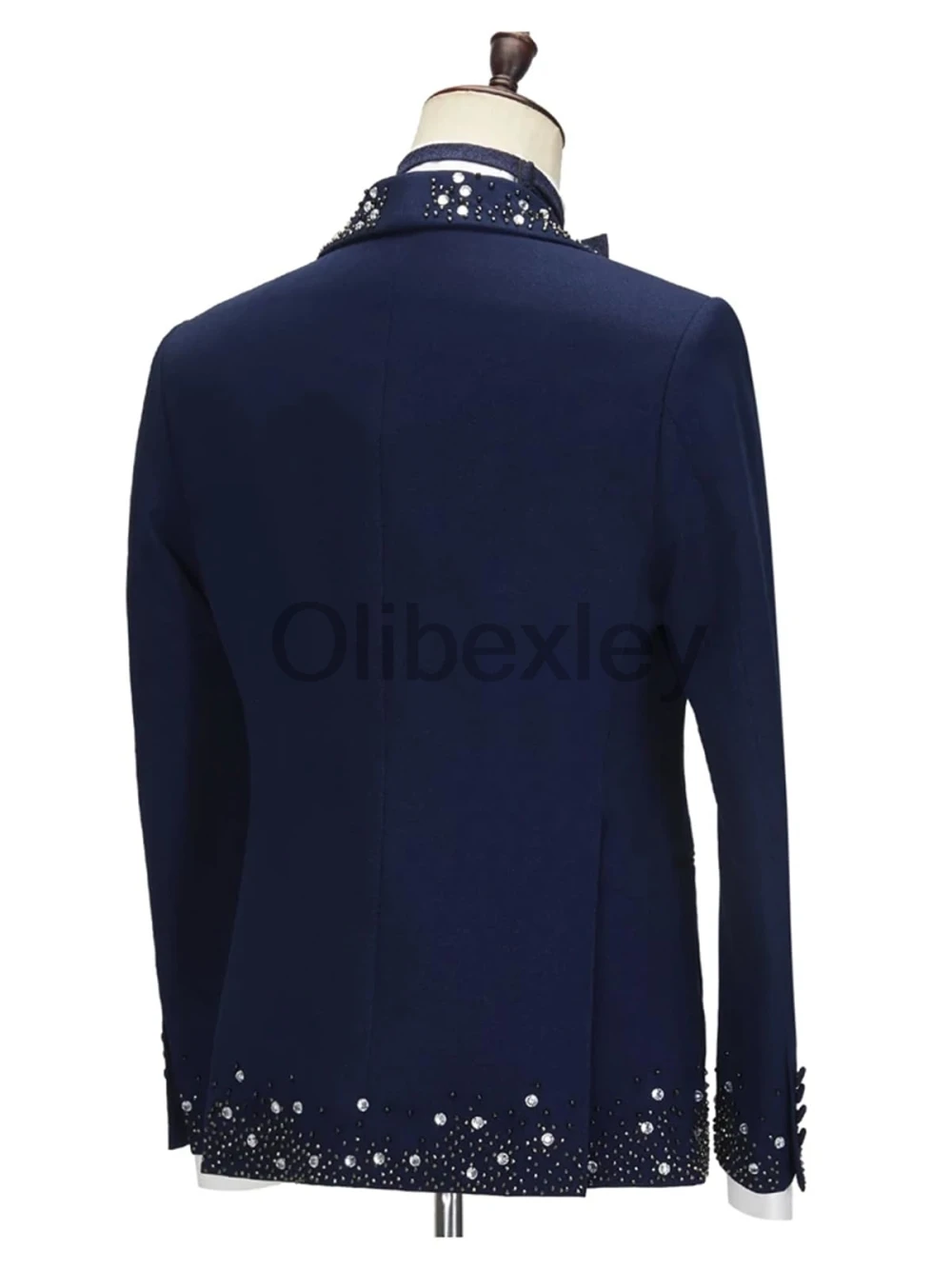 Olibexley Navy Blue Crystal Beaded Men Suit 2 Pieces Set Male Party Blazers Gorgeous Groom Wedding Tuxedos Homme Customized S360