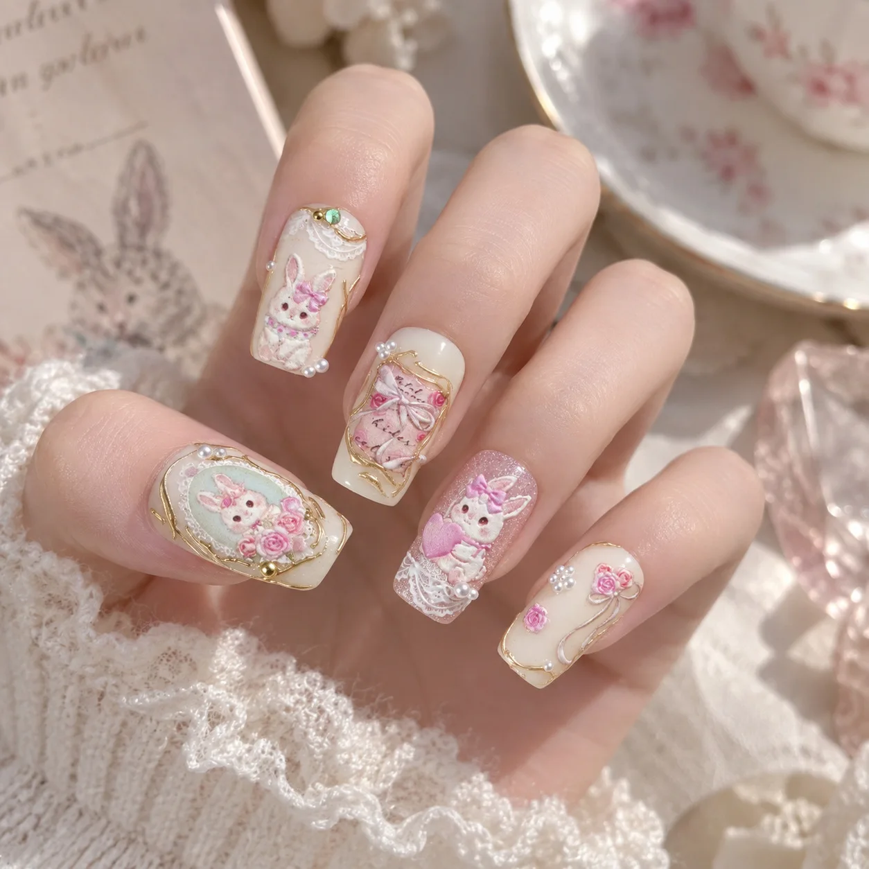 Pink Vintage Cute 5D Nail Decals Retro Bunny Rose Flower Bowknot Heart Lace Photo Frame Lace Edge Self Adhesive Nail Stickers