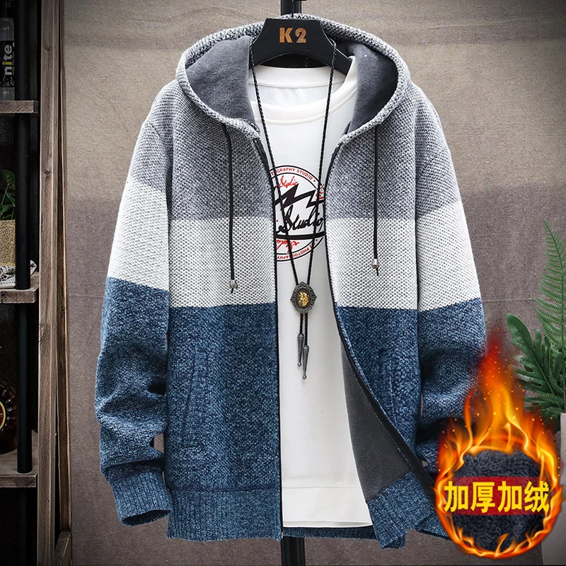 Men‘s Hooded Cardigan Knitted Sweater Winter Thick Fleece Warm Casual Knitwear Coat Solid Color Cardigan Men Winter Sweater