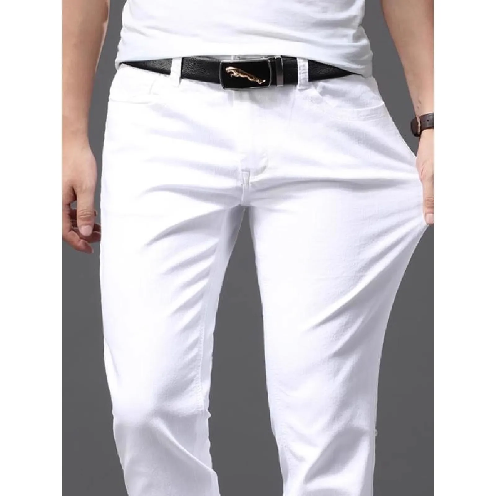 Pure White Men's Casual Thin Denim Jeans Elastic Comfortable Spring Autumn Long Pants Korean Style Men's Fashion Leisure Trou...