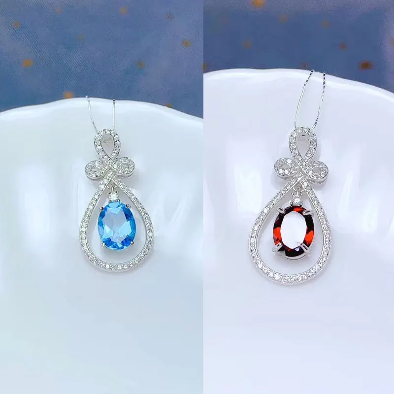 Natural Topaz Garnet Necklace Pendant with Certificate 7*9mm Oval Cut Topaz Pendant 925 Silver Blue Gemstone Jewelry