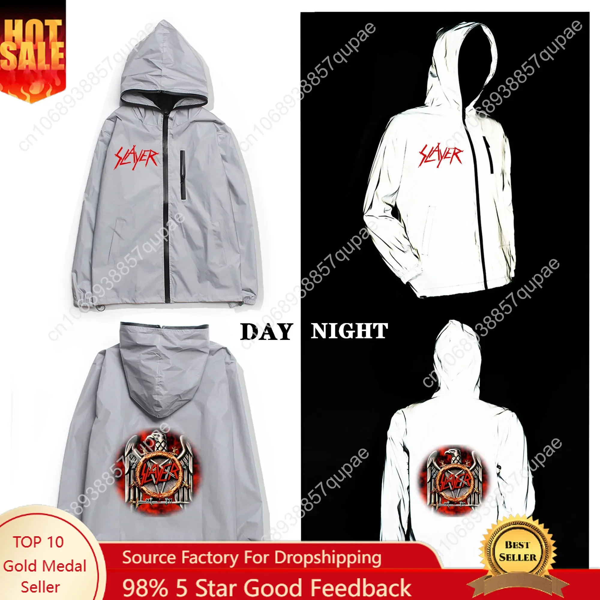 Slayer Heavy Metal Rock Band Reflective Jacket Men Women Coat Hooded Windbreaker Runing Pocket Jackets Cycling Customized Hoodie