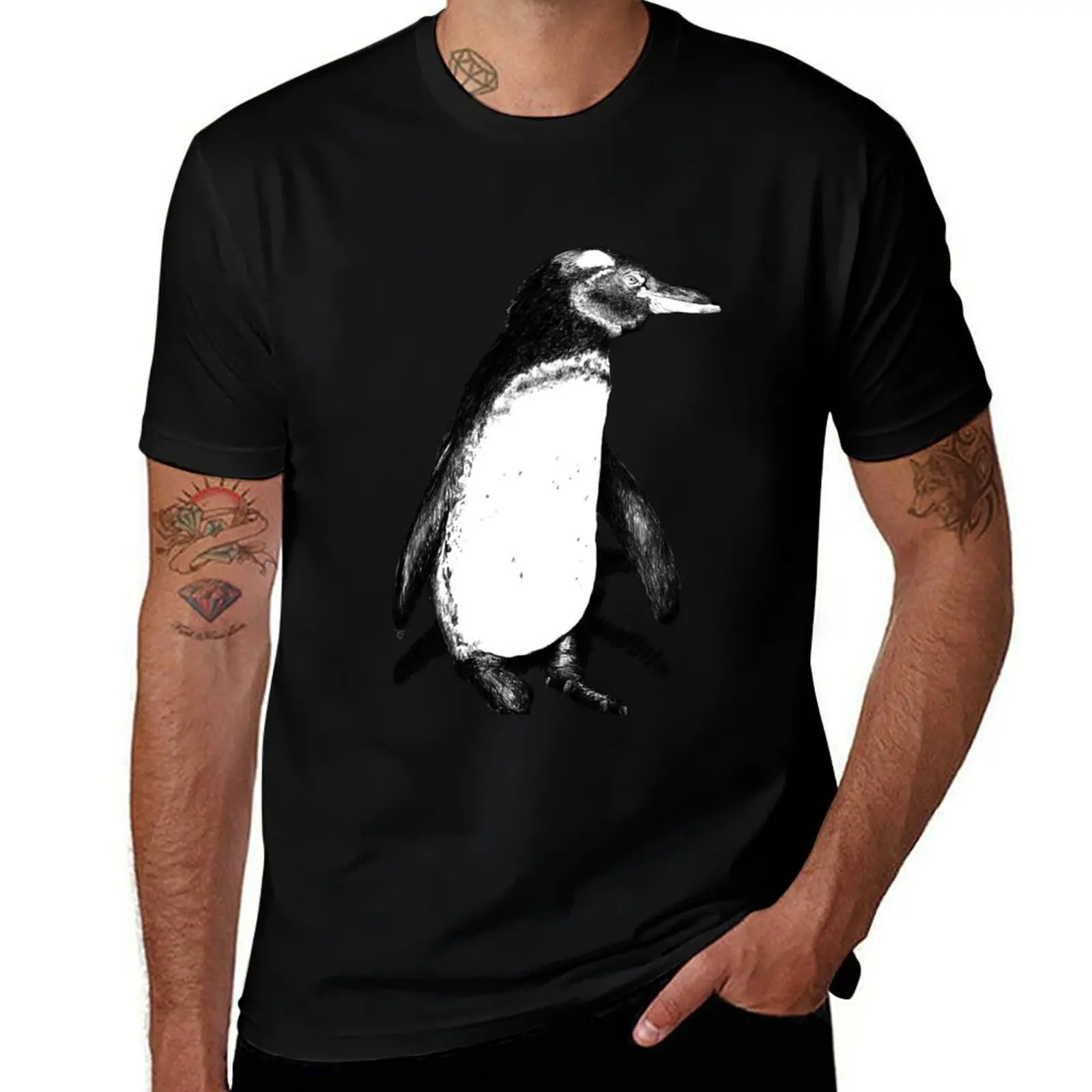 Galápagos Penguin Drawing Endangered Species T-Shirt Casual Loose Short Sleeve Tee for Men T-Shirt