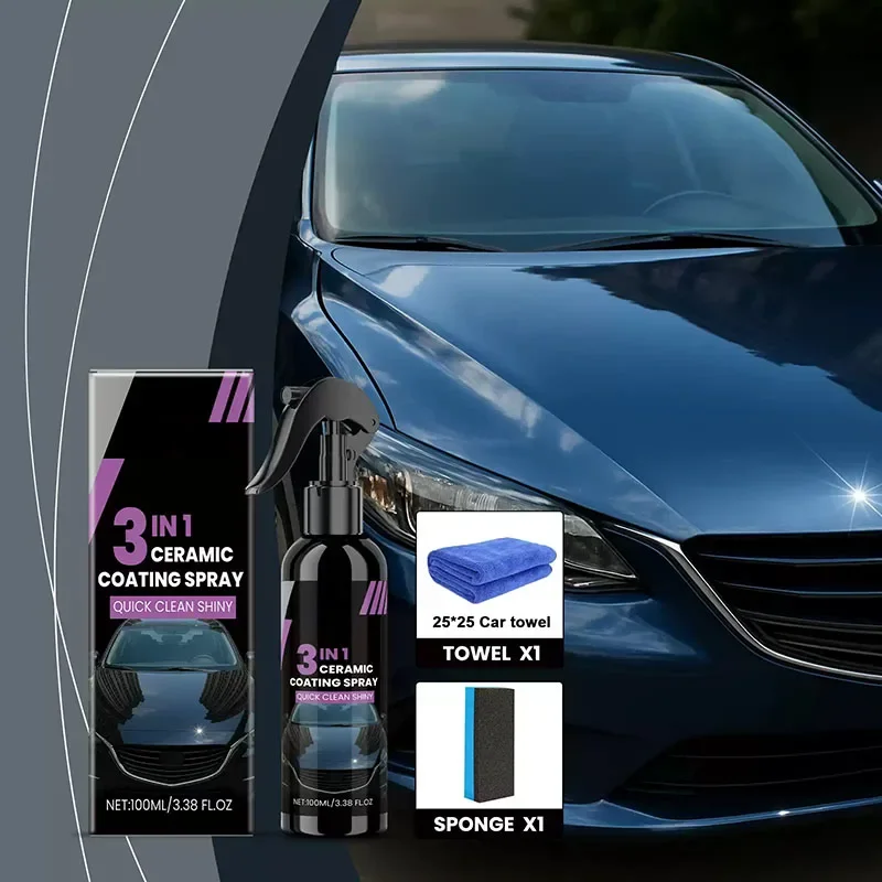 3-in-1 Ceramic Coating Spray, Quick Car Shine, Auto Paint Protection, Includes Cloth & Sponge, Car Polish Sealant Kit past