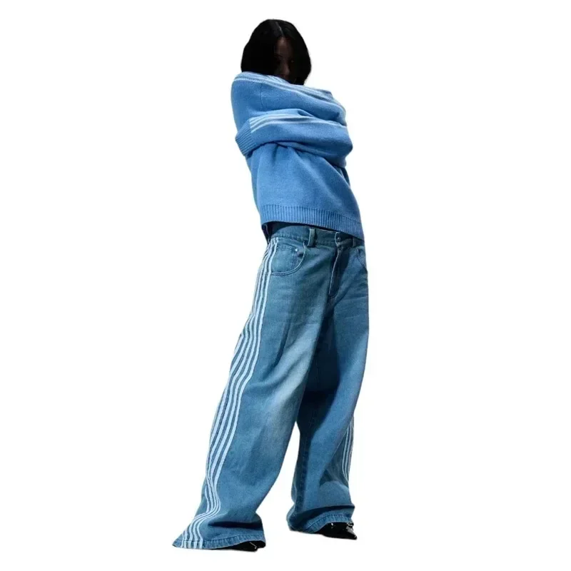 Y2K جينز نسائي بسيط مخطط ومطرز فضفاض وردي Sweatpants الهيب هوب ملابس الشارع الشهير عادية ريترو Harajuku واسعة الساق من قماش الدنيم