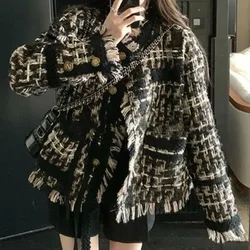 Spring Autumn Women Coat Tweed Jacket Tassel Blazer Plaid Long Sleeve Streetwear Office Lady Clothing Black Coats Korean Chic