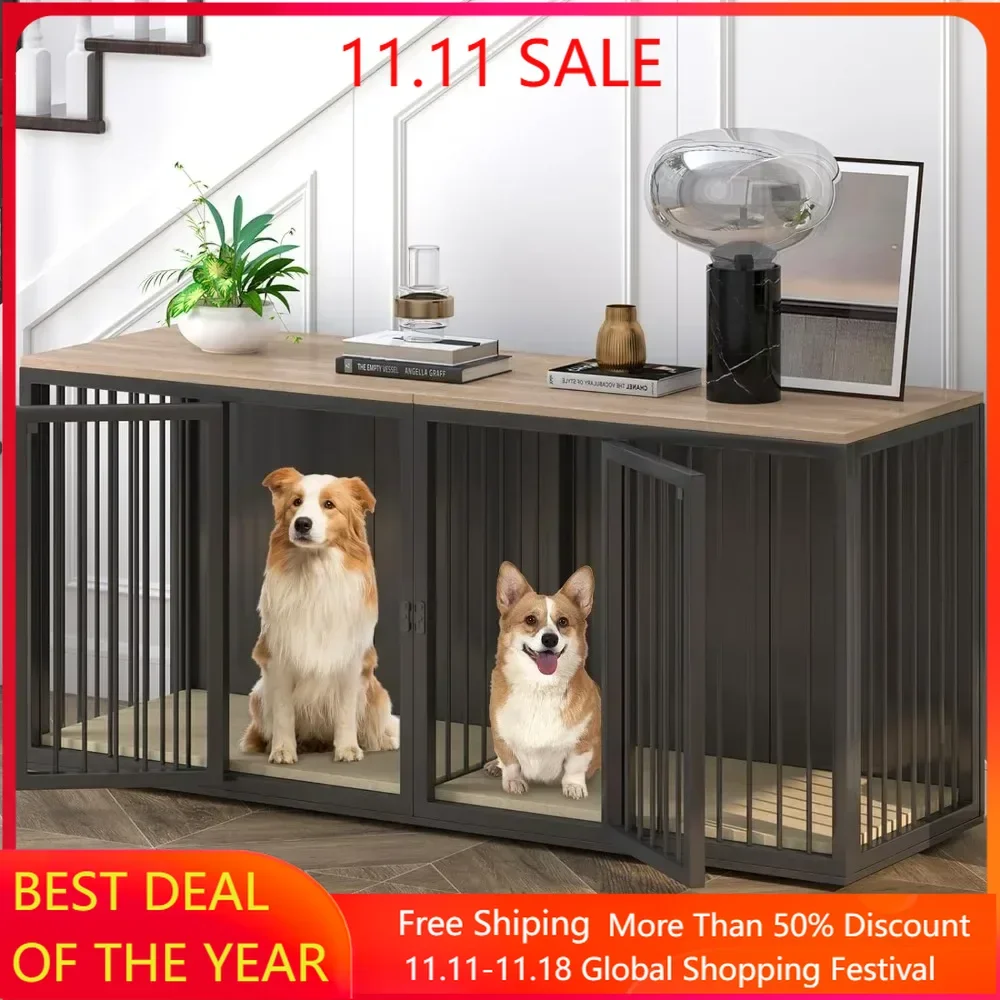 Large Dog Crate Furniture for 2 Dogs, 71.6'' Steel Frame Dog Crate with Double Doors, Heavy Sturdy Dog Kennel for Medium Large