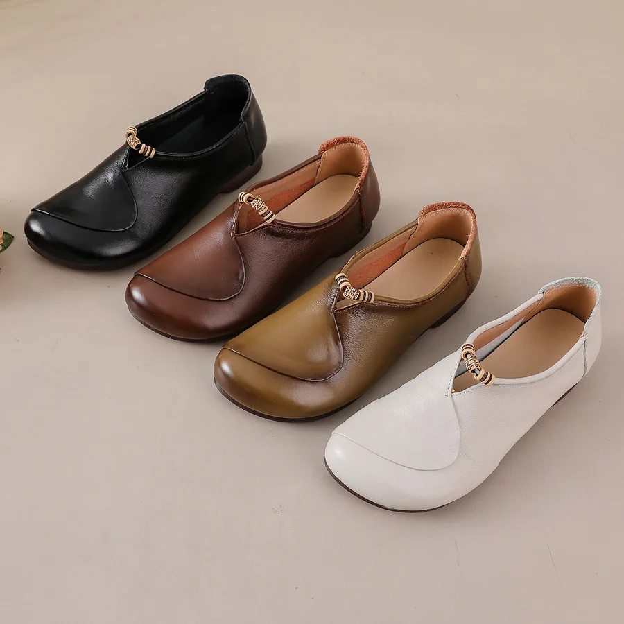 Exquisite Moccasins Women Real Leather Bead Ballet Flats Walk Friendly V Notch Neckline Grandma Loafers Casual Daily Walk Shoes