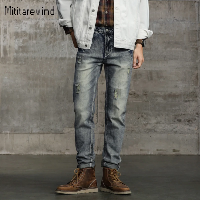 

2024 Washed Retro Jeans Men High Street Causal Ripped Jeans Cotton Mid Waist Slim Jeans Trendy Versatile Pants Y2k Streetwear