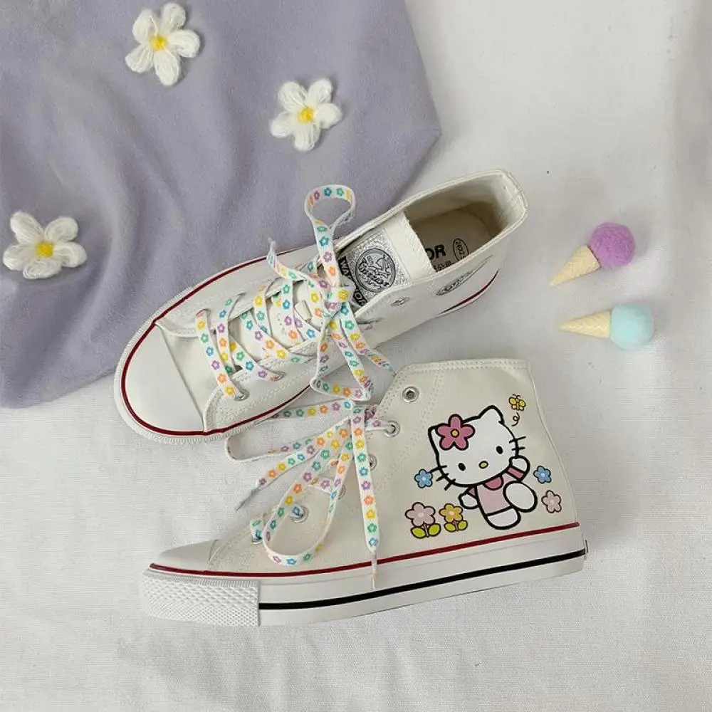 Kawaii Sanrio Hello Kitty Women High-Top Canvas Flat Shoes Spring Autumn Lace-Up Sport Shoes Non-Slip Sneakers Zapatos De Mujer