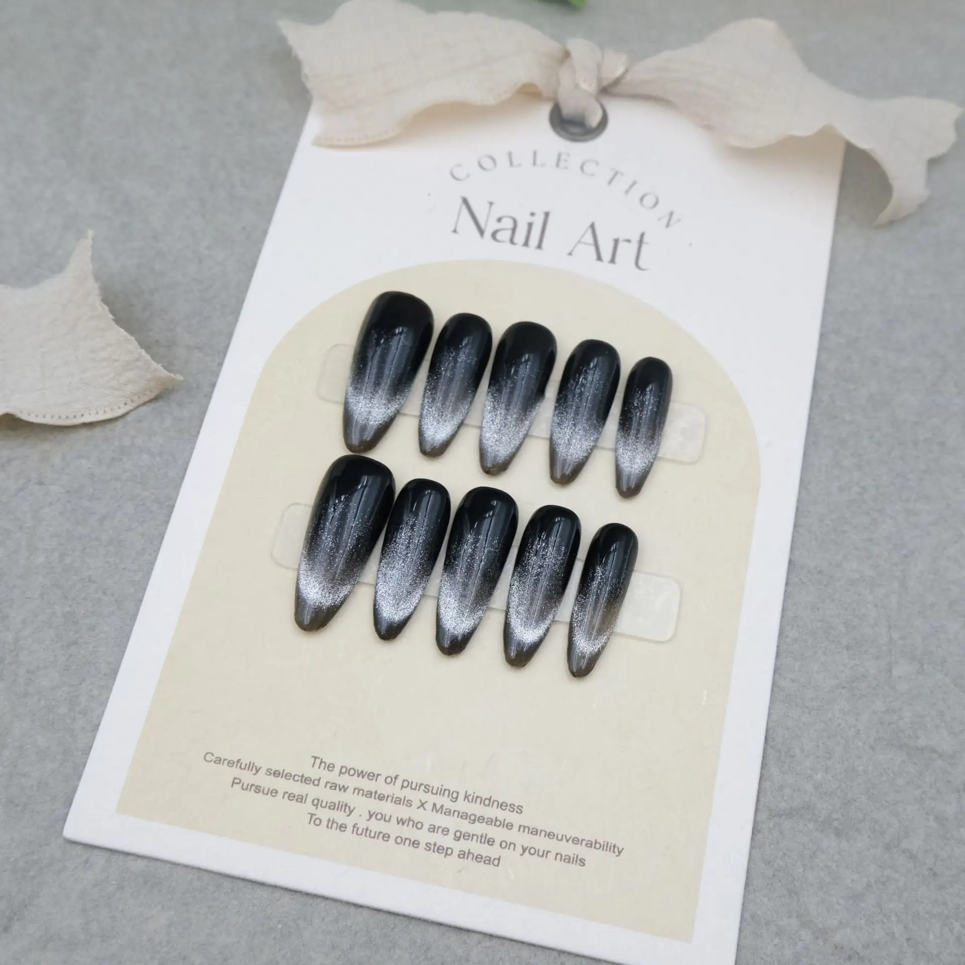 

10pcs Handmade Long Tip Y2K Press On Nails Shiny Black Silver Cat Eye French Decor Sweet Cool Fake Nails Wearable Nails Art Tip