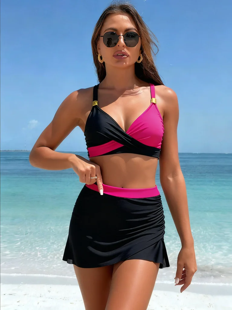 Sportowy Zestaw Bikini z Siateczkową Spódniczką, Dwuczęściowy Strój Kąpielowy Sportowy, Modna Odzież Plażowa, Dwuczęściowy Strój z Spódniczką, Narzutka na Plażę, Letnie Stroje Plażowe 2026