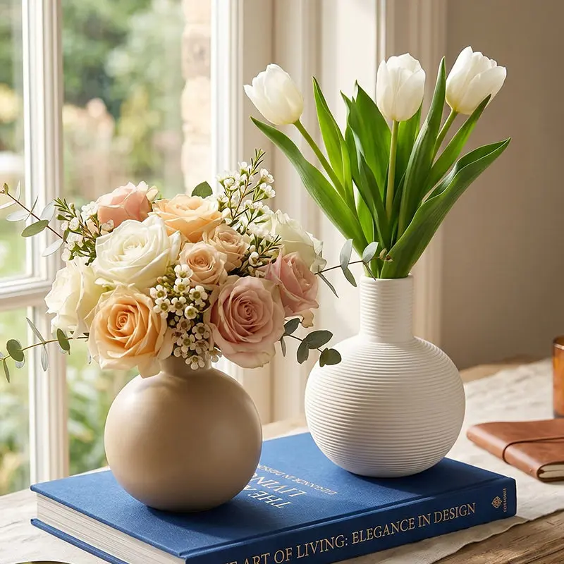 Nordic minimalist spherical ceramic vase,smooth / threaded narrow-mouth vessel for home desktop dried flower arrangement decor